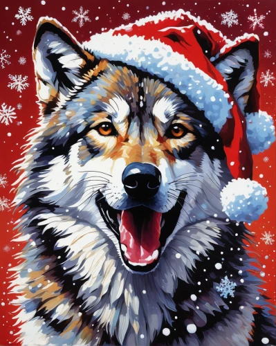 christmas fox,christmas wallpaper,christmas background,christmasbackground,christmas snowy background,christmas animals,christmas motif,yule,malamute,christmas stickers,raindeer,christmas icons,tervuren,canis lupus,christmas pattern,santa claus,wolfdog,christmas messenger,christmas picture,christmas banner,Conceptual Art,Oil color,Oil Color 09