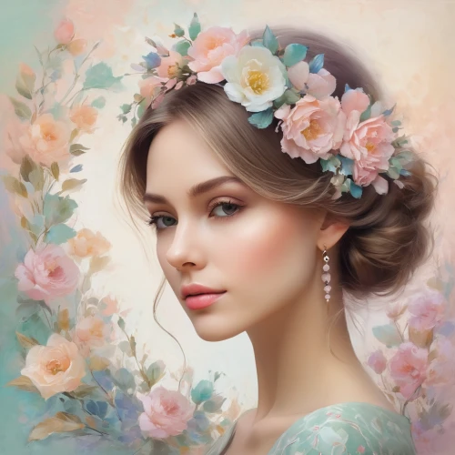 blooming wreath,floral wreath,romantic portrait,spring crown,beautiful bonnet,floral background,wreath of flowers,beautiful girl with flowers,flower fairy,girl in flowers,vintage flowers,fantasy portrait,girl in a wreath,portrait background,rose wreath,vintage floral,faery,flowers png,flower painting,flower hat,Art,Classical Oil Painting,Classical Oil Painting 18