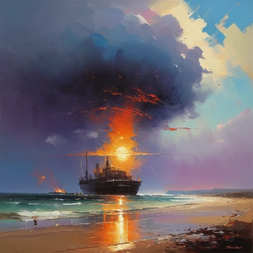 oil tanker,sea fantasy,caravel,pirate ship,sea sailing ship,ship wreck,steam frigate,shipwreck,sail ship,the wreck of the ship,sailing ship,ship of the line,galleon,digging ship,tanker ship,lightship,boat landscape,old ship,troopship,sea landscape,Conceptual Art,Sci-Fi,Sci-Fi 22