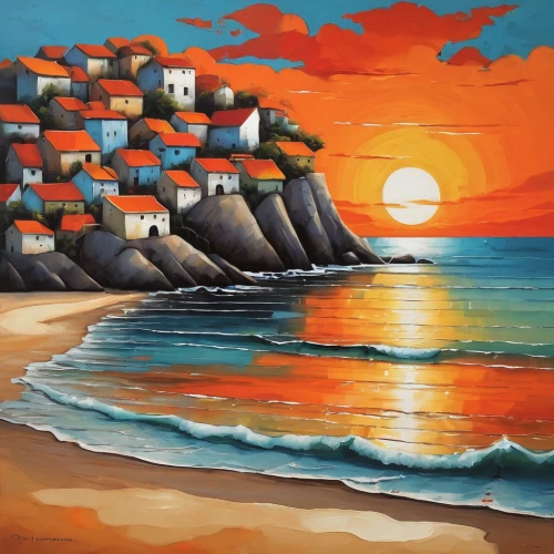 coastal landscape,beach landscape,sea landscape,seaside resort,orange bay,ponta do sol,greek island,valdes peninsula,dubrovnic,mediterranean,coast sunset,sardinia,italian painter,sunset beach,fishing village,greek islands,samos,khokhloma painting,mediterranean sea,sitia,Art,Artistic Painting,Artistic Painting 29