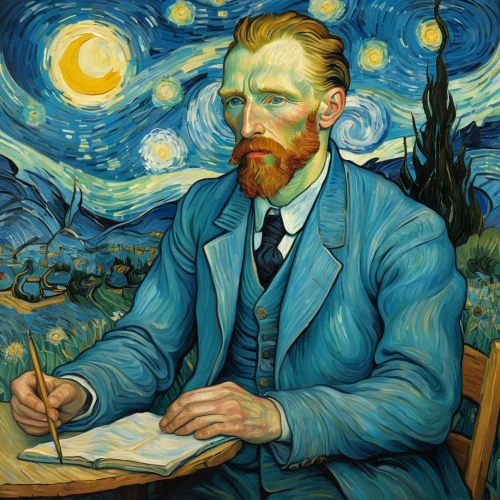 vincent van gogh,vincent van gough,self-portrait,astronomer,artist portrait,starry night,meticulous painting,post impressionism,man with a computer,the local administration of mastery,relativity,post impressionist,to write,scholar,fantasy portrait,herfstanemoon,artistic portrait,lokportrait,self portrait,painting technique,Art,Artistic Painting,Artistic Painting 03