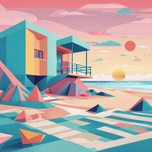 beach huts,low poly,low-poly,beach house,virtual landscape,futuristic landscape,beach hut,beachhouse,seaside resort,palette,dunes house,polygonal,abstract retro,seaside,dribbble,dune landscape,cubic,beach landscape,geometric,isometric,Illustration,Vector,Vector 17