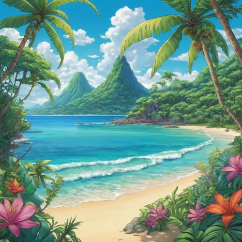 beach landscape,tropical beach,tropical sea,beach scenery,luau,aloha,tropical island,mountain beach,an island far away landscape,dream beach,paradise beach,ocean paradise,beautiful beach,landscape background,coastal landscape,oahu,tahiti,beach background,honolulu,tropical floral background,Illustration,Realistic Fantasy,Realistic Fantasy 41