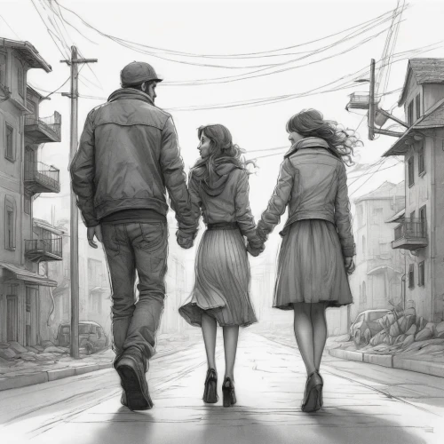 hold hands,holding hands,hand in hand,mono-line line art,mono line art,crossing,hands holding,stroll,mother and grandparents,see you again,gray-scale,pencils,pencil drawing,walking in the rain,travelers,pencil drawings,grandparents,crossroads,digital painting,study,Illustration,Realistic Fantasy,Realistic Fantasy 28
