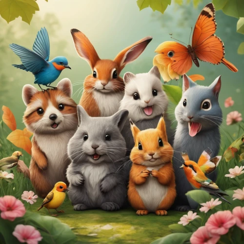 rabbit family,kawaii animals,whimsical animals,cute animals,woodland animals,children's background,cute cartoon image,easter rabbits,anthropomorphized animals,forest animals,round kawaii animals,rabbits and hares,easter theme,rabbits,small animals,cartoon flowers,cartoon forest,daisy family,animal world,animal film,Art,Classical Oil Painting,Classical Oil Painting 10