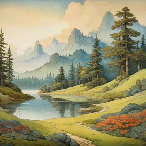 salt meadow landscape,mountain scene,mountain landscape,mountainous landscape,forest landscape,landscape background,river landscape,temperate coniferous forest,natural landscape,autumn landscape,nature landscape,meadow landscape,spruce forest,high landscape,autumn mountains,the landscape of the mountains,landscape,robert duncanson,mountain meadow,landscapes,Illustration,Retro,Retro 19