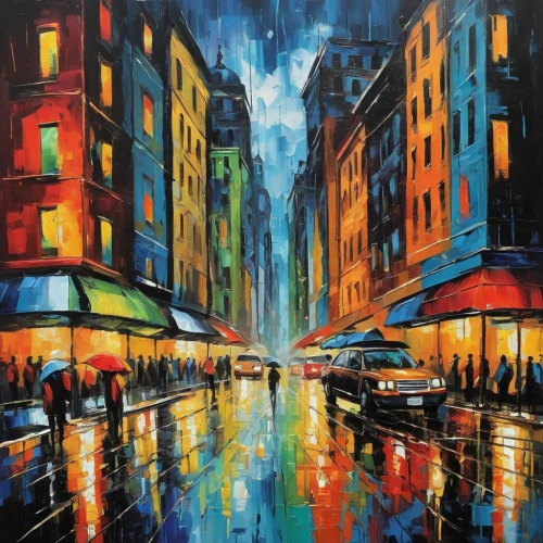 oil painting on canvas,colorful city,cityscape,oil painting,painting technique,oil on canvas,city scape,art painting,new york streets,bombay,city lights,glass painting,street lights,rainstorm,night scene,harlem,new york restaurant,man with umbrella,umbrellas,citylights,Conceptual Art,Oil color,Oil Color 24