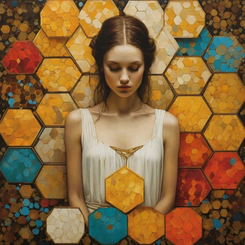 honeycomb grid,sacred geometry,mary-gold,kaleidoscope,hexagon,honeycomb,golden wreath,transistor,gold flower,girl in a wreath,flower of life,hex,kaleidoscope art,hexagonal,hexagons,golden ratio,polygonal,citrine,golden flowers,golden crown,Illustration,Realistic Fantasy,Realistic Fantasy 09