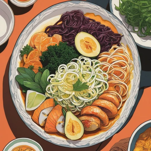 noodle bowl,makguksu,nabemono,udon,bibimbap,naengmyeon,chankonabe,laksa,kalguksu,narutomaki,ramen,sukiyaki,noodle soup,udon noodles,japanese noodles,soba,katsudon,soto mie,donburi,soba noodles,Illustration,Japanese style,Japanese Style 15