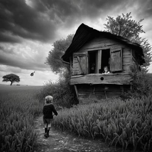 lonely house,little girl in wind,photo manipulation,abandoned house,home landscape,photomanipulation,conceptual photography,creepy house,photomontage,little house,lostplace,haunted house,the haunted house,photoshop manipulation,monochrome photography,boyhood dream,children's background,rural landscape,abandoned place,wooden hut,Photography,Black and white photography,Black and White Photography 02