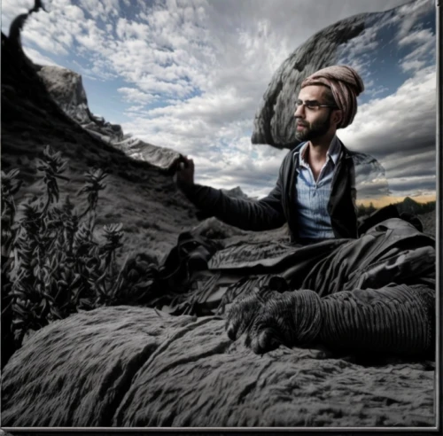 cd cover,mountaineer,photo manipulation,image manipulation,geologist,volcanic erciyes,cover,photomanipulation,digital compositing,mountain guide,dead earth,photoshop manipulation,album cover,photomontage,wool head vulture,old man of the mountain,nature and man,book cover,karakoram,goatherd