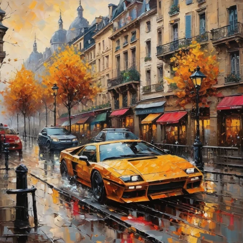 le mans,paris,toyota supra,watercolor paris,lemans,paris cafe,oil painting on canvas,golden rain,ferrari daytona,oil painting,mitsubishi gto,bmw,supra,painting technique,yellow car,art painting,323i,bmw z4,bmw 645,mazda rx-7,Conceptual Art,Oil color,Oil Color 06