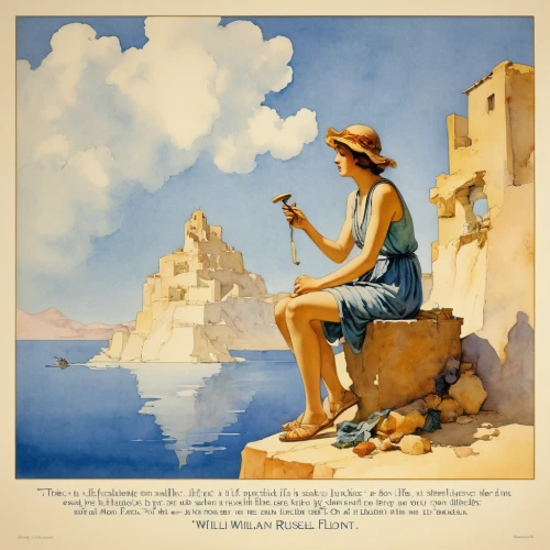 lipari,aeolian islands,oia,positano,greek valerian,italian painter,itinerant musician,capri,navagio,advertising figure,amalfi,cape greco,italian poster,balearica,travel poster,dubrovnic,balearic islands,vintage art,woman playing violin,amalfi coast,Illustration,Paper based,Paper Based 23