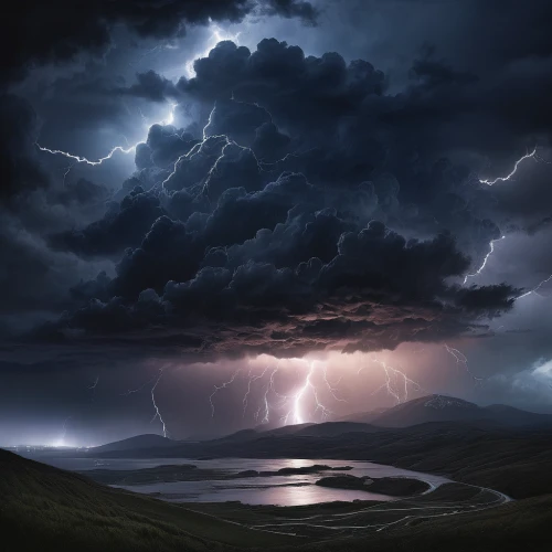 thunderstorm,lightning storm,a thunderstorm cell,thunderclouds,thunderheads,thundercloud,nature's wrath,thunderhead,lightning,strom,storm,monsoon,lightning strike,lightening,storm ray,storm clouds,atmospheric phenomenon,thunderstorm mood,rainstorm,fantasy landscape,Conceptual Art,Daily,Daily 05