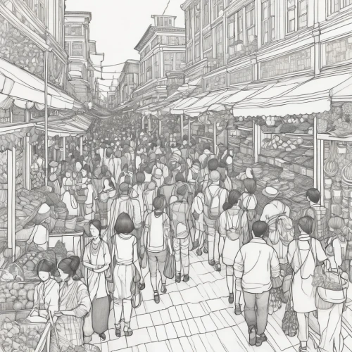 grand bazaar,namdaemun market,shopping street,mono-line line art,the market,fruit market,large market,market,pedestrian zone,market introduction,vegetable market,spice market,food line art,souk,marketplace,hippy market,line drawing,mono line art,upper market,hand-drawn illustration,Illustration,Japanese style,Japanese Style 15