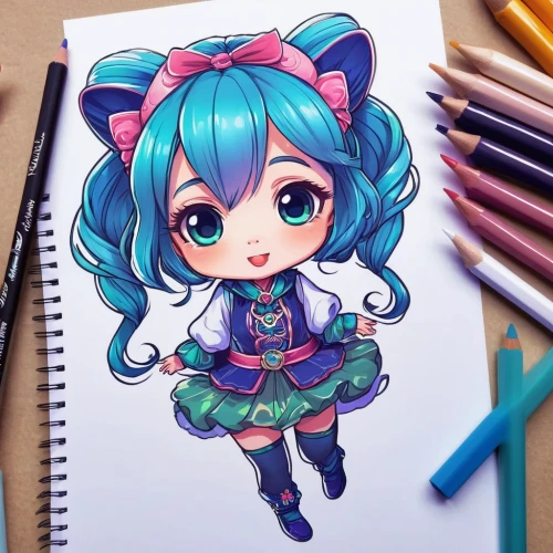 chibi girl,hatsune miku,chibi,miku,copic,color pencil,colorful doodle,drawing cat,aqua,cute cartoon character,watercolor macaroon,nyan,naginatajutsu,cyan,girl drawing,chibi kids,color pencils,chibi children,colorful heart,kawaii,Illustration,Realistic Fantasy,Realistic Fantasy 45