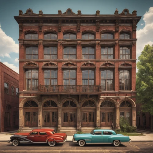 brownstone,pontiac 2+2,old brick building,pontiac,lincoln cosmopolitan,1955 montclair,apartment building,red brick,buick y-job,lincoln motor company,buick century,cadillac de ville series,rosewood,facade painting,apartment house,old town house,packard patrician,harlem,automotive exterior,buick park avenue,Illustration,Retro,Retro 14