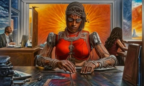woman at cafe,african woman,ancient egyptian girl,cashier,bank teller,african art,african american woman,priestess,receptionist,barmaid,sci fiction illustration,indian art,fortune teller,voodoo woman,indian woman,black woman,woman drinking coffee,head woman,bartender,women at cafe
