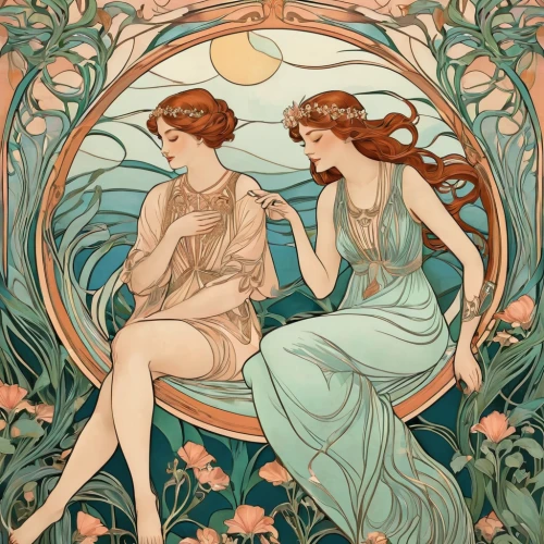 mucha,art nouveau,art nouveau design,art nouveau frames,secret garden of venus,art nouveau frame,alfons mucha,kate greenaway,idyll,gemini,the three graces,vintage illustration,vintage fairies,pisces,mermaids,art deco,apollo and the muses,art deco background,adam and eve,narcissus of the poets,Illustration,Retro,Retro 08