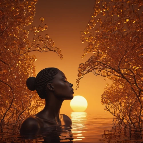 golden autumn,golden rain,golden light,sun reflection,immersed,reflection in water,goldenlight,submerged,african woman,orange sky,autumn sun,radiance,the body of water,golden crown,autumn gold,sunset glow,fire and water,mother nature,light of autumn,four seasons,Photography,Artistic Photography,Artistic Photography 11