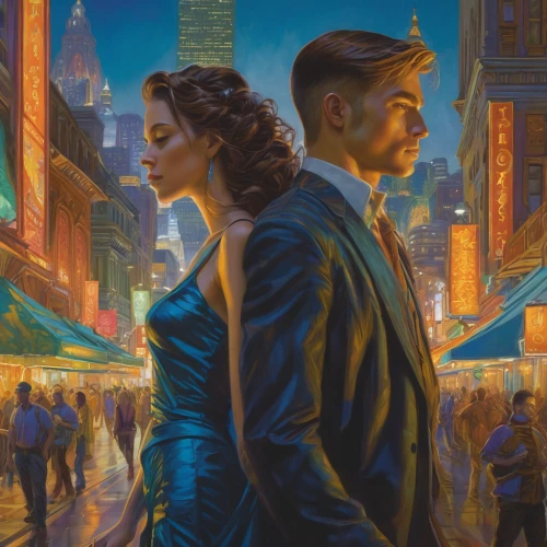 roaring twenties couple,clue and white,vintage man and woman,sci fiction illustration,twenties of the twentieth century,mystery book cover,art deco background,roaring twenties,cityscape,city lights,oil painting on canvas,pandemic,blues and jazz singer,casablanca,vintage boy and girl,argentinian tango,night scene,cyberpunk,transistor,man and woman,Illustration,Realistic Fantasy,Realistic Fantasy 03