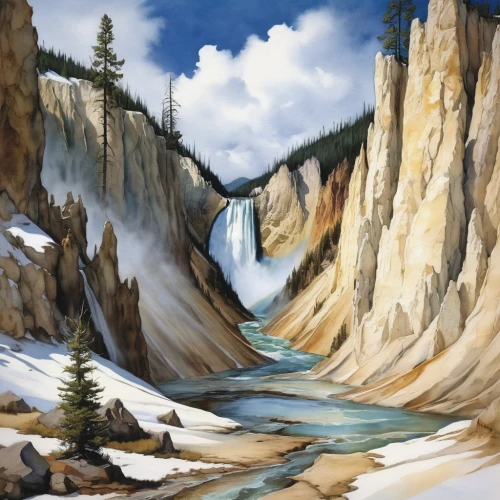 yellowstone,yellowstone national park,salt meadow landscape,flowing creek,falls of the cliff,bow falls,braided river,flowing water,maligne river,ilse falls,glacial melt,hoodoos,river landscape,brown waterfall,ice landscape,fluvial landforms of streams,water flow,natural landscape,world digital painting,mountain river,Illustration,Realistic Fantasy,Realistic Fantasy 16