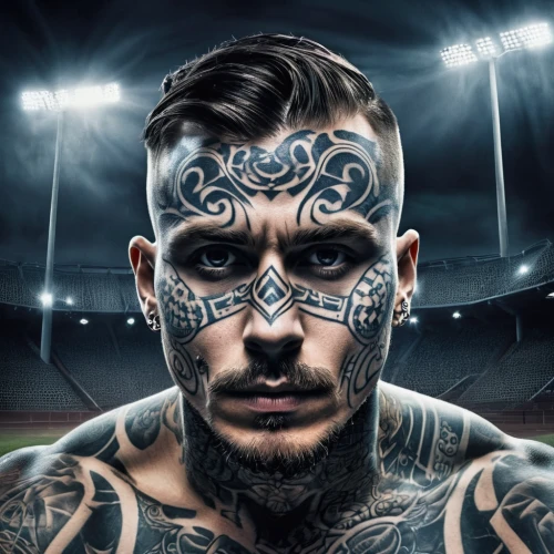 football player,footballer,football,maori,international rules football,tattoos,soccer player,footbal,büttner,rugby player,with tattoo,european football championship,tattoo artist,tattooed,footballers,national football league,warrior,cyborg,uefa,photoshop manipulation,Illustration,Black and White,Black and White 07