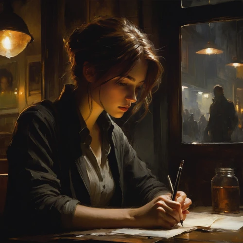 girl studying,game illustration,woman at cafe,watchmaker,sci fiction illustration,meticulous painting,study,game drawing,cg artwork,the girl at the station,artist portrait,italian painter,world digital painting,game art,girl at the computer,writer,table artist,romantic portrait,librarian,painting technique,Conceptual Art,Oil color,Oil Color 11