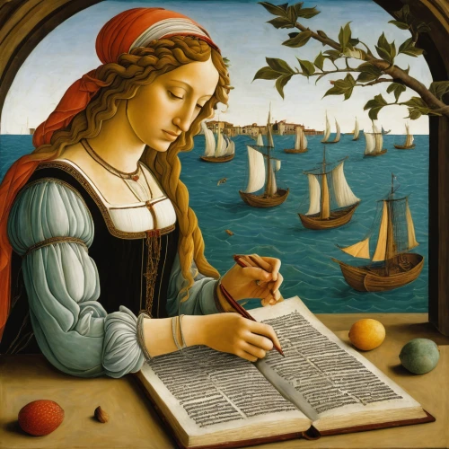 girl picking apples,meticulous painting,woman eating apple,girl at the computer,painting technique,woman holding pie,sailing orange,italian painter,renaissance,girl on the boat,girl studying,to write,girl with a dolphin,botticelli,writing-book,the sea maid,bellini,parchment,woman playing,sea landscape,Art,Classical Oil Painting,Classical Oil Painting 43