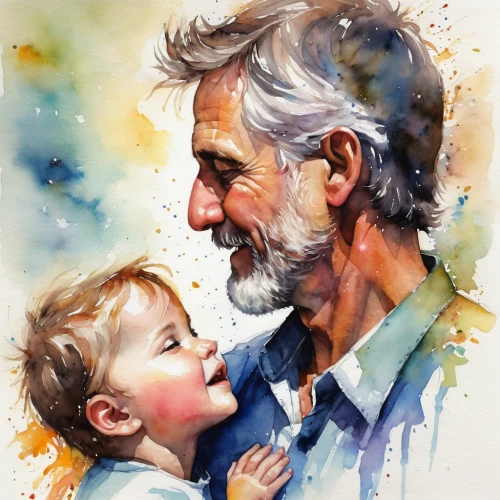 father with child,father's love,grandfather,grandpa,grandchild,old couple,saint joseph,grandparent,elderly man,older person,happy father's day,grandparents,father,father and daughter,watercolor,father's day,old age,watercolor painting,grandchildren,man and boy,Illustration,Paper based,Paper Based 03