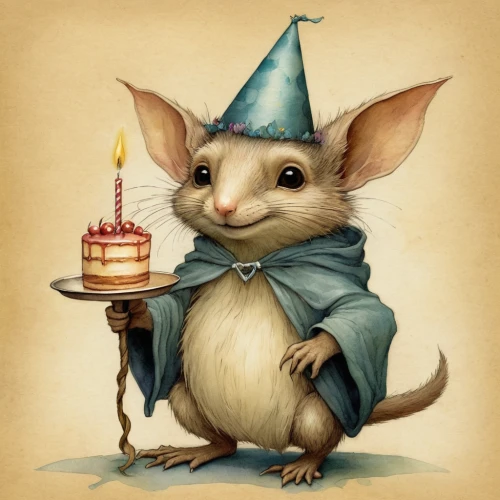 jerboa,splinter,year of the rat,musical rodent,birthday card,rataplan,birthday greeting,color rat,party hat,birthday wishes,birthday candle,cullen skink,birthdays,rat na,grasshopper mouse,scandia gnome,rat,dormouse,birthday hat,wizard,Illustration,Realistic Fantasy,Realistic Fantasy 14