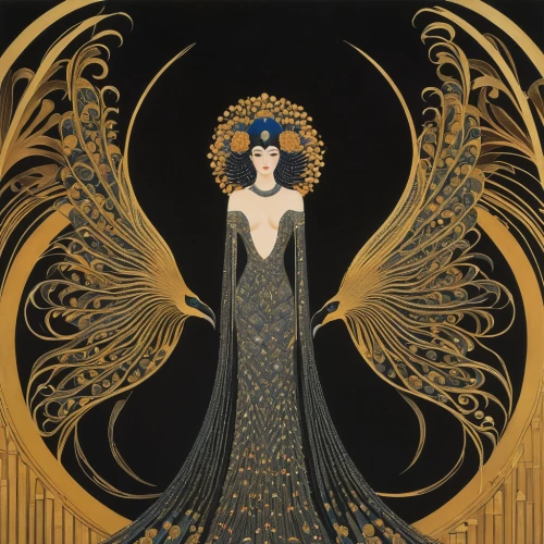 art deco woman,art deco,art nouveau design,queen of the night,gold foil art,art nouveau,art deco ornament,gold foil art deco frame,gold filigree,gold foil mermaid,art deco background,art deco frame,lady of the night,gold leaf,mary-gold,firebird,flapper,priestess,the angel with the veronica veil,gold lacquer,Illustration,Retro,Retro 26