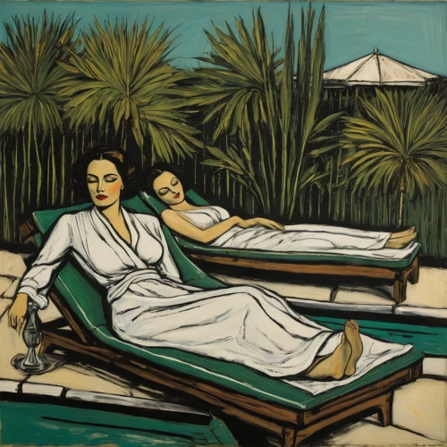 david bates,woman on bed,art deco woman,girl lying on the grass,olle gill,sunlounger,woman sitting,art deco,lounger,charlotte cushman,deckchair,vintage art,idyll,leisure,poolside,braque saint-germain,woman laying down,chaise lounge,girl in the garden,sun-bathing,Art,Artistic Painting,Artistic Painting 01