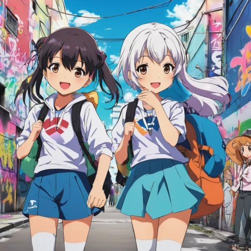 hand in hand,yuki nagato sos brigade,anime japanese clothing,holding hands,hands holding,haruhi suzumiya sos brigade,school children,naginatajutsu,two girls,harajuku,hold hands,kawaii children,anime cartoon,together and happy,ganai,aomoriya,honolulu,strolling,walking,school uniform,Conceptual Art,Graffiti Art,Graffiti Art 09