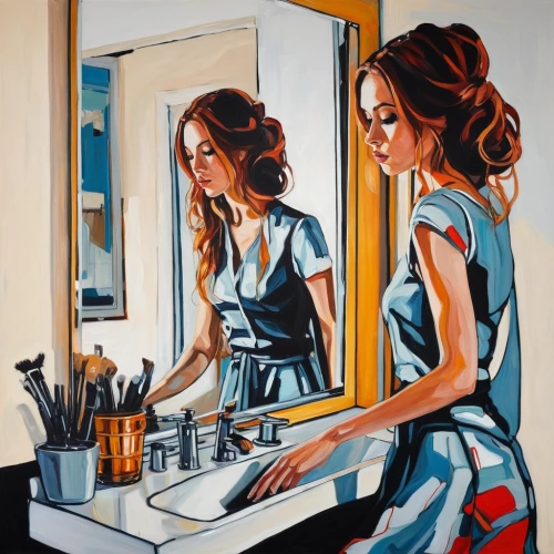 david bates,girl in the kitchen,oil painting on canvas,dressing table,makeup mirror,oil painting,meticulous painting,laundress,woman drinking coffee,art painting,in the mirror,glass painting,hand washing,painting technique,painting,washing hands,the mirror,oil on canvas,girl with cereal bowl,mirror reflection,Conceptual Art,Oil color,Oil Color 08