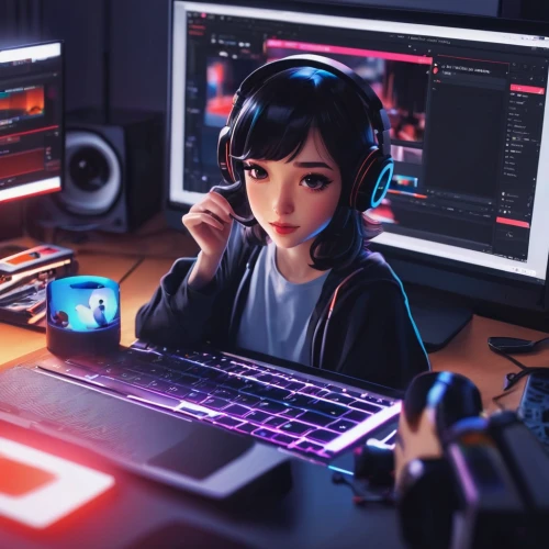 girl at the computer,lan,headset,wireless headset,girl studying,streaming,gamer,streamer,music background,b3d,phuquy,blur office background,operator,music workstation,gaming,desk,connectcompetition,computer freak,stream,gamers round,Conceptual Art,Fantasy,Fantasy 19