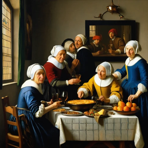 woman holding pie,holy supper,last supper,candlemas,the dining board,leittafel,meticulous painting,dinner party,seven citizens of the country,viennese cuisine,round table,flemish,food table,cookery,soup kitchen,woman eating apple,mulberry family,family dinner,breakfast table,foodies,Art,Classical Oil Painting,Classical Oil Painting 07