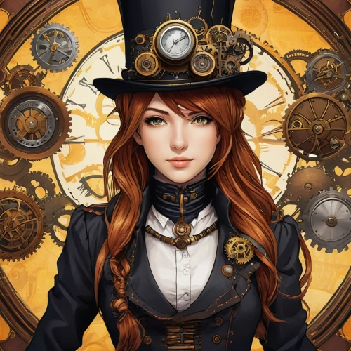 steampunk,clockmaker,steampunk gears,watchmaker,clockwork,pocket watch,hatter,victorian lady,ornate pocket watch,ladies pocket watch,chronometer,grandfather clock,ringmaster,victorian style,witch's hat icon,clock face,compass,game illustration,portrait background,pocket watches,Conceptual Art,Oil color,Oil Color 17