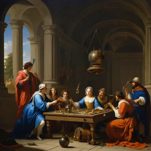 school of athens,holy supper,round table,apollo and the muses,chess game,the death of socrates,pentecost,last supper,meticulous painting,greek in a circle,contemporary witnesses,louvre,disciples,eucharist,bougereau,exchange of ideas,geocentric,dinner party,wise men,drinking party,Art,Classical Oil Painting,Classical Oil Painting 33