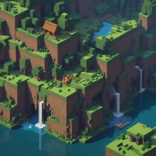 floating islands,ravine,artificial island,cliffs,chasm,mushroom island,artificial islands,islands,a small waterfall,ancient city,cube sea,floating island,isle,isometric,canyon,green waterfall,cliffs ocean,floating huts,island,underwater oasis,Conceptual Art,Fantasy,Fantasy 01