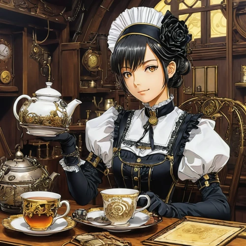 darjeeling tea,teatime,woman drinking coffee,tea time,tea drinking,cafe,a cup of tea,pouring tea,tea service,drinking coffee,steampunk,barmaid,tea party,tea and books,café,victorian style,parisian coffee,café au lait,victorian lady,black tea,Illustration,Japanese style,Japanese Style 05