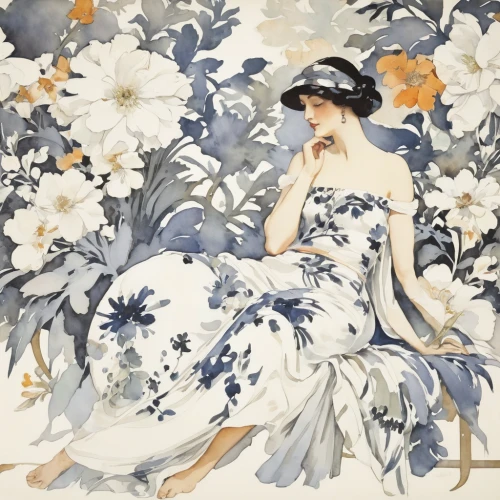 mucha,japanese floral background,girl in flowers,orange blossom,oriental painting,floral background,white floral background,madonna lily,vintage floral,lilly,flora,floral composition,tommie crocus,ethel barrymore - female,art nouveau,kimono fabric,lisianthus,scent of jasmine,day lilly,art deco woman,Illustration,Paper based,Paper Based 23