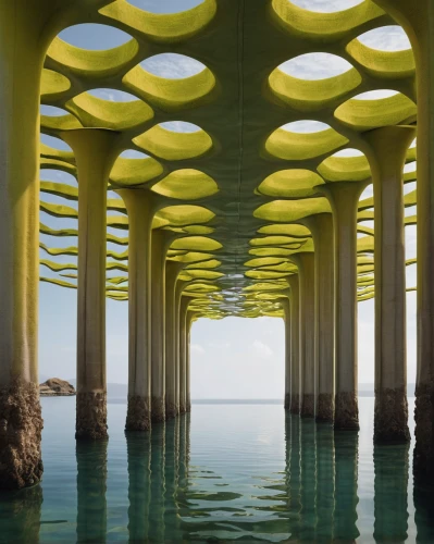 pillars,bridge piers,honeycomb structure,scripps pier,columns,futuristic architecture,pergola,colonnade,under the bridge,environmental art,house of the sea,rügen island,walkway,the center of symmetry,kirrarchitecture,concrete bridge,futuristic art museum,algae,pillar,art forms in nature,Photography,Artistic Photography,Artistic Photography 01