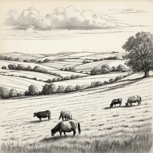 farm landscape,galloway cows,haymaking,buffalo herd,cow meadow,galloway cattle,exmoor,rural landscape,cows on pasture,livestock farming,oxen,grassland,pasture,grasslands,stubble field,livestock,agricultural,galloway beef,cow herd,aurochs,Illustration,Retro,Retro 06