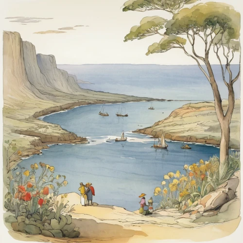 edward lear,coastal landscape,landscape with sea,kate greenaway,twelve apostles,the twelve apostles,cape marguerite,chalk cliff,jøssingfjorden,boat landscape,la perouse,olle gill,beach landscape,sea landscape,tasmania,fjords,navajo bay,julkula,cliff top,vintage illustration,Illustration,Retro,Retro 22