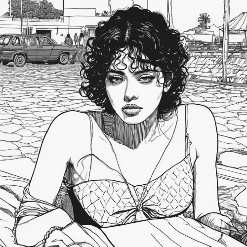 comic style,comic halftone woman,clementine,girl on the river,mono line art,summer line art,line-art,mono-line line art,lacerta,sea beach-marigold,girl sitting,pen drawing,lineart,girl on the boat,line art,retro woman,b w,catarina,sandy,retro women,Illustration,Black and White,Black and White 16