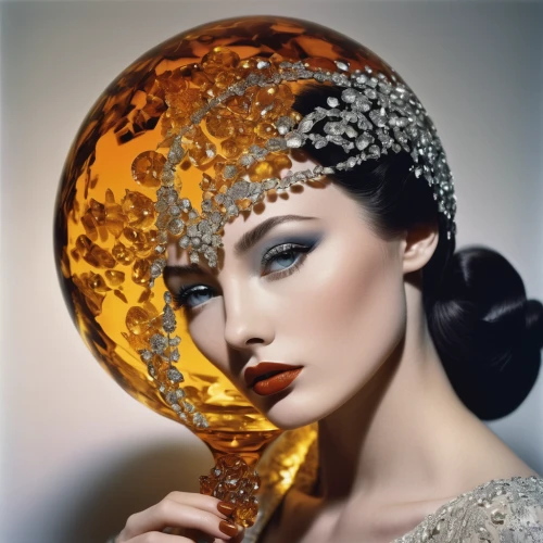 crystal ball-photography,art deco woman,headpiece,gold foil crown,makeup mirror,crystal ball,vintage makeup,diamond mandarin,gold lacquer,gold foil art,gold glitter,golden crown,drusy,gold foil art deco frame,gold crown,art deco frame,golden apple,vintage woman,gold foil,diadem,Photography,Black and white photography,Black and White Photography 09