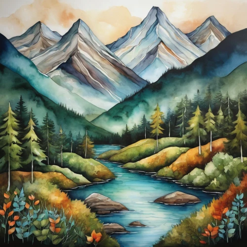 mountain scene,mountain landscape,autumn mountains,salt meadow landscape,fall landscape,watercolor background,autumn landscape,landscape background,mountain stream,mountainous landscape,river landscape,mountain river,forest landscape,oil painting on canvas,painting technique,oil on canvas,nature landscape,mountain range,mountain meadow,flowing creek,Conceptual Art,Daily,Daily 34