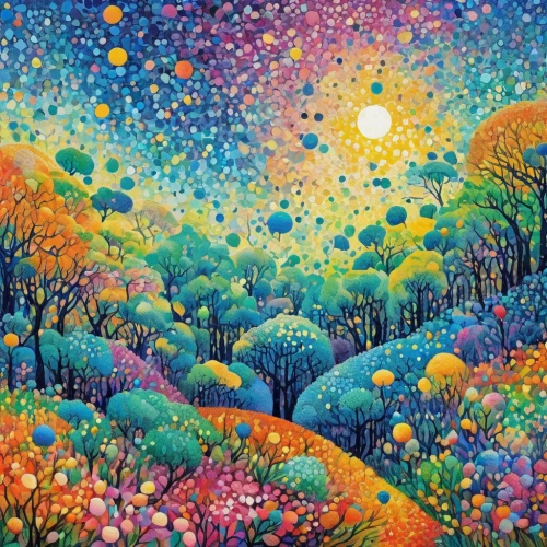 mushroom landscape,blooming field,forest of dreams,field of flowers,sea of flowers,flower field,blanket of flowers,fairy forest,flower meadow,dandelion meadow,wildflower meadow,meadow in pastel,frutti di bosco,wildflowers,forest landscape,psychedelic art,colorful tree of life,flowers field,flower painting,flowering meadow,Conceptual Art,Daily,Daily 31