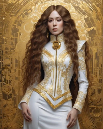 priestess,imperial coat,mary-gold,golden crown,cleopatra,elizabeth i,fantasy portrait,suit of the snow maiden,artemisia,imperial crown,celtic queen,gold lacquer,white lady,zodiac sign libra,gold filigree,golden apple,russian doll,vestment,cepora judith,miss circassian,Art,Artistic Painting,Artistic Painting 32